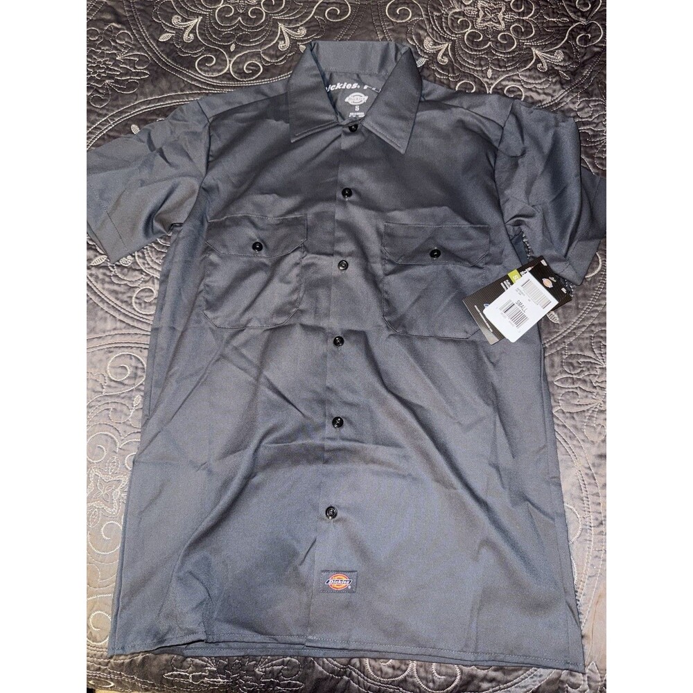 Dickies Flex Twill Slim Fit Short Sleeve Work Shirt Mens S Gray Cotton Button Up